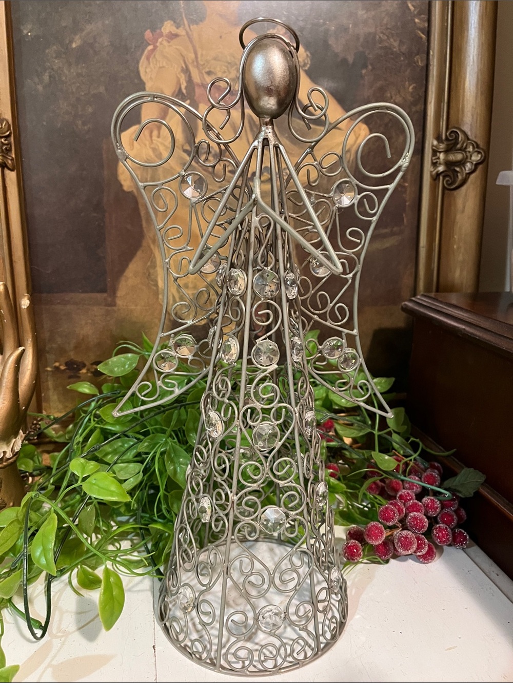 Angel Statue w Iridescent Crystals All Over - Silver Ornate Metal - Praying
